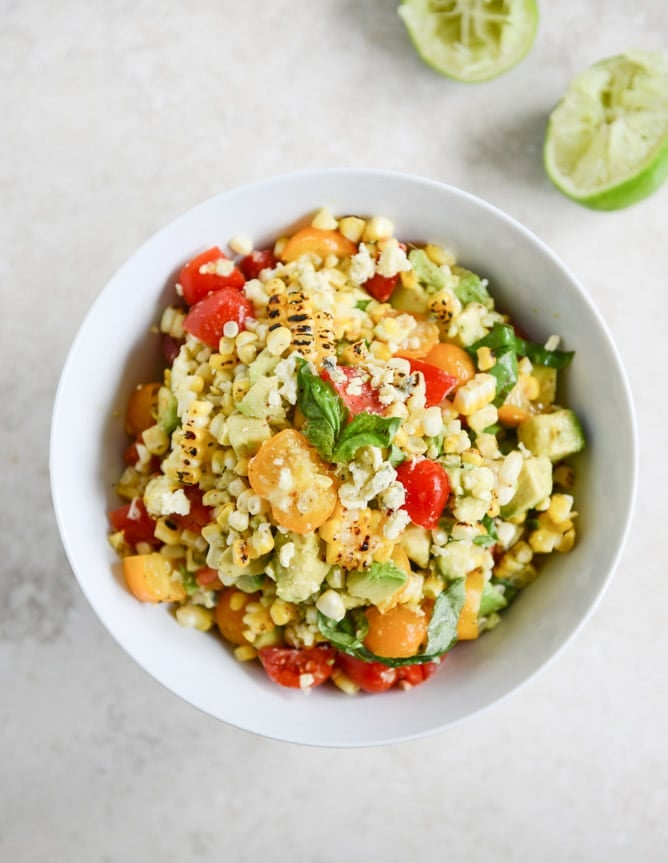 Easy Grilled Corn Tomato Salad with Blue Cheese and Basil Ribbons I howsweeteats.com Easy Grilled Corn Tomato Salad with Blue Cheese and Basil Ribbons I howsweeteats.com