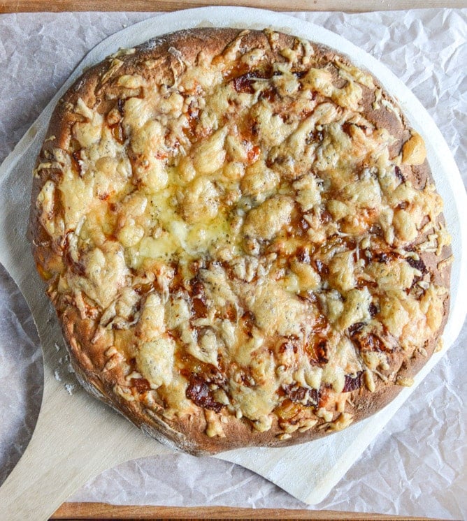 Caramelized Onion, Gruyere + Pepper Bacon Whole Wheat Pizza I howsweeteats.com Caramelized Onion, Gruyere + Pepper Bacon Whole Wheat Pizza I howsweeteats.com