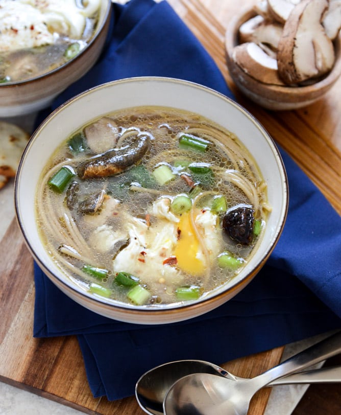 Chicken + Mushroom Noodle Soup with Poached Eggs I howsweeteats.com Chicken + Mushroom Noodle Soup with Poached Eggs I howsweeteats.com