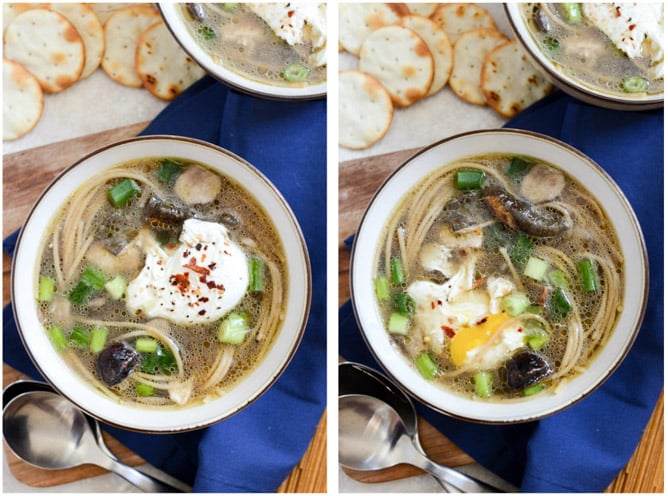 Chicken + Mushroom Noodle Soup with Poached Eggs I howsweeteats.com Chicken + Mushroom Noodle Soup with Poached Eggs I howsweeteats.com