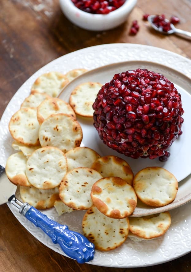 Pomegranate Jeweled White Cheddar, Toasted Almond and Crispy Sage Cheeseball I howsweeteats.com Pomegranate Jeweled White Cheddar, Toasted Almond and Crispy Sage Cheeseball I howsweeteats.com