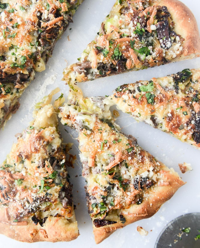 crispy shredded sprouts, short rib and caramelized shallot pizza I howsweeteats.com