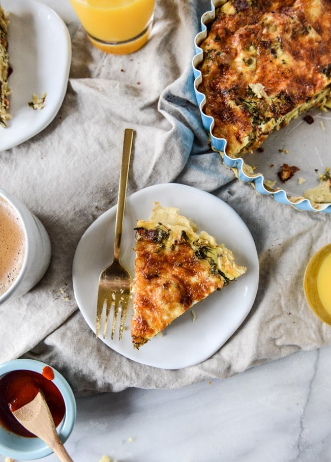 roasted broccolini, bacon and caramelized shallot quiche I howsweeteats.com