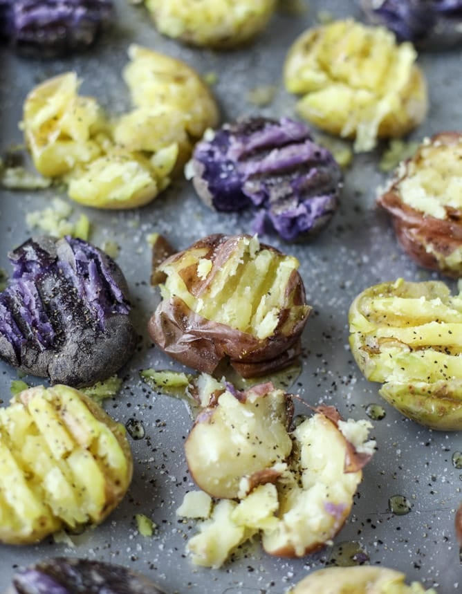 crispy buttered rosemary smashed potatoes with burrata I howsweeteats.com