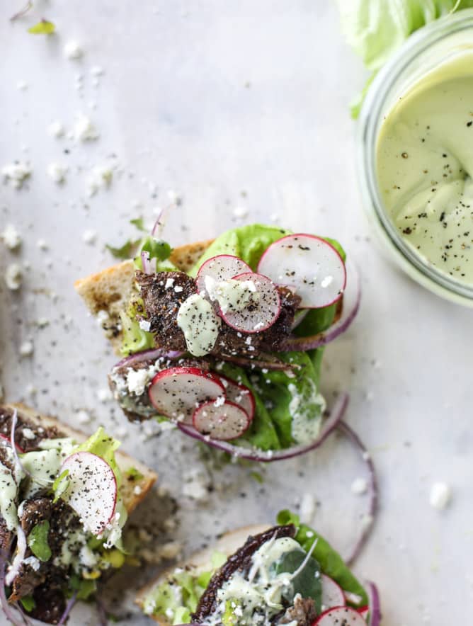 open faced steak sandwich with avocado horseradish I howsweeteats.com