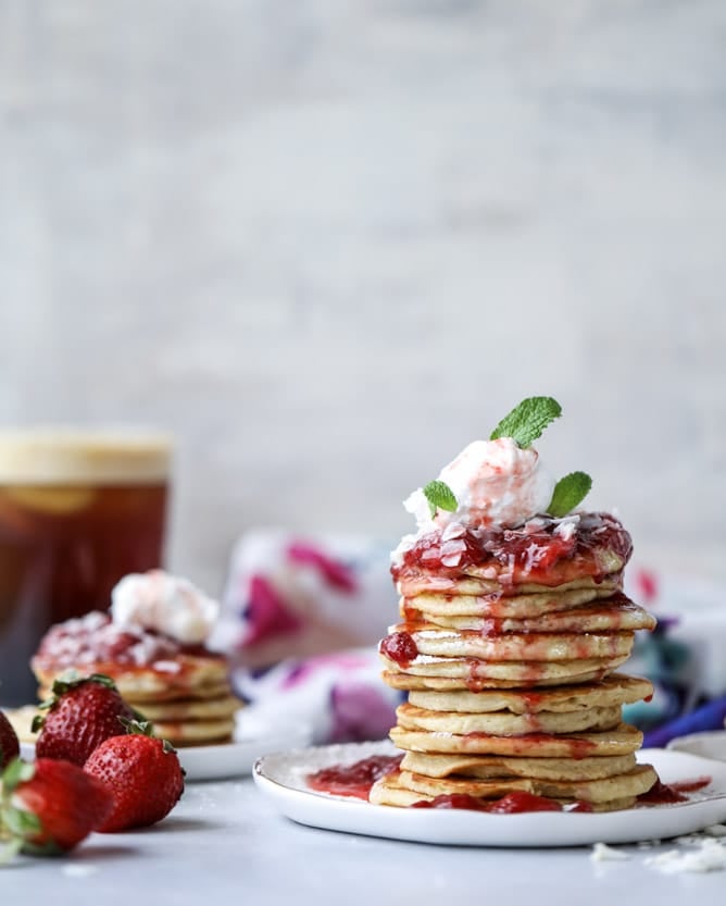 mini coconut ricotta pancakes with strawberry syrup I howsweeteats.com