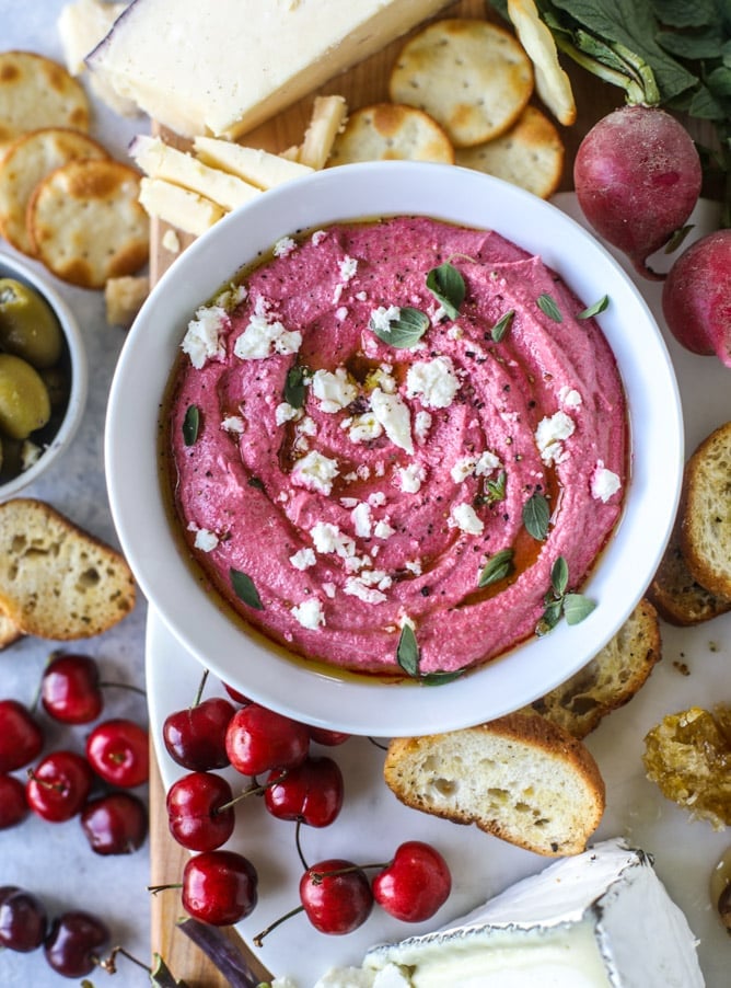 late spring cheese board with beet whipped feta I howsweeteats.com