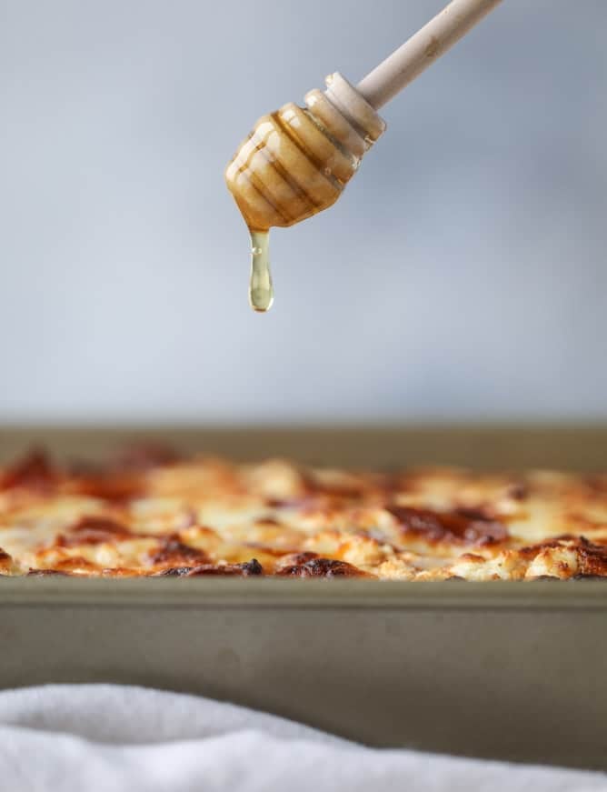 hot honey goat cheese pepperoni pizza I howsweeteats.com #detroitstyle #pepperoni #pizza #goatcheese