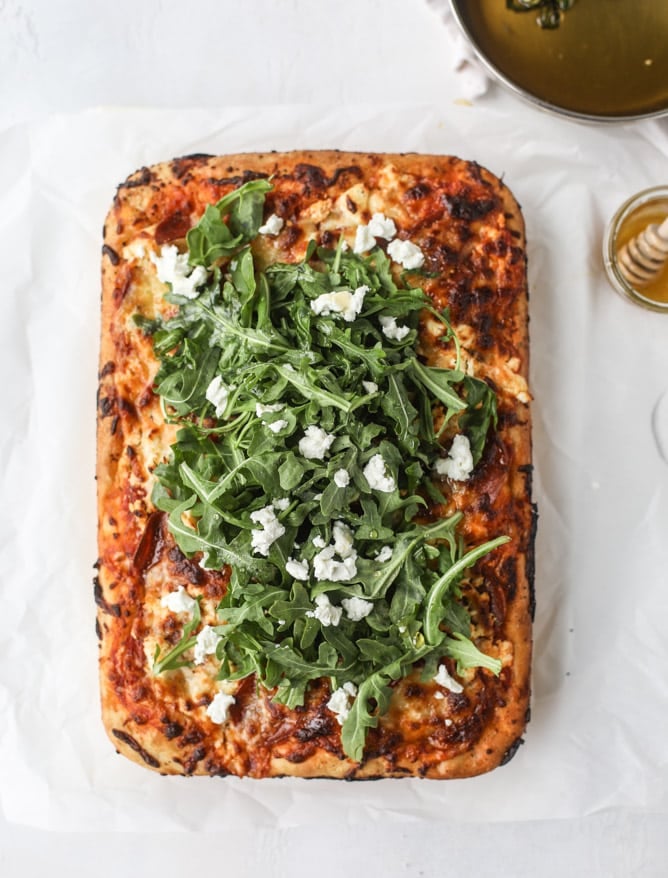 hot honey goat cheese pepperoni pizza I howsweeteats.com #detroitstyle #pepperoni #pizza #goatcheese