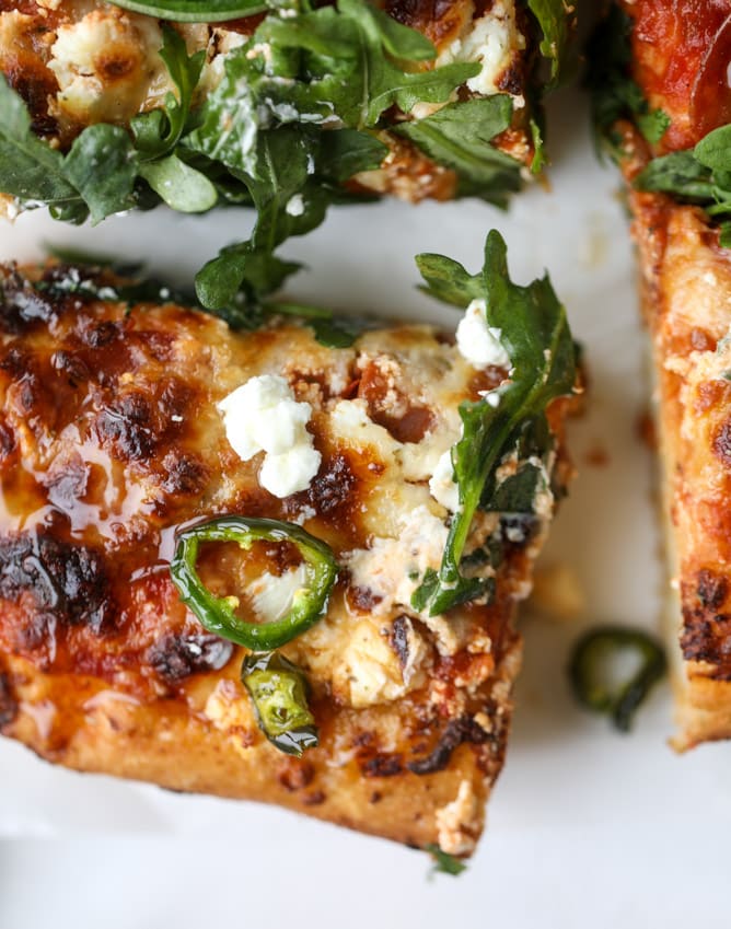hot honey goat cheese pepperoni pizza I howsweeteats.com #detroitstyle #pepperoni #pizza #goatcheese