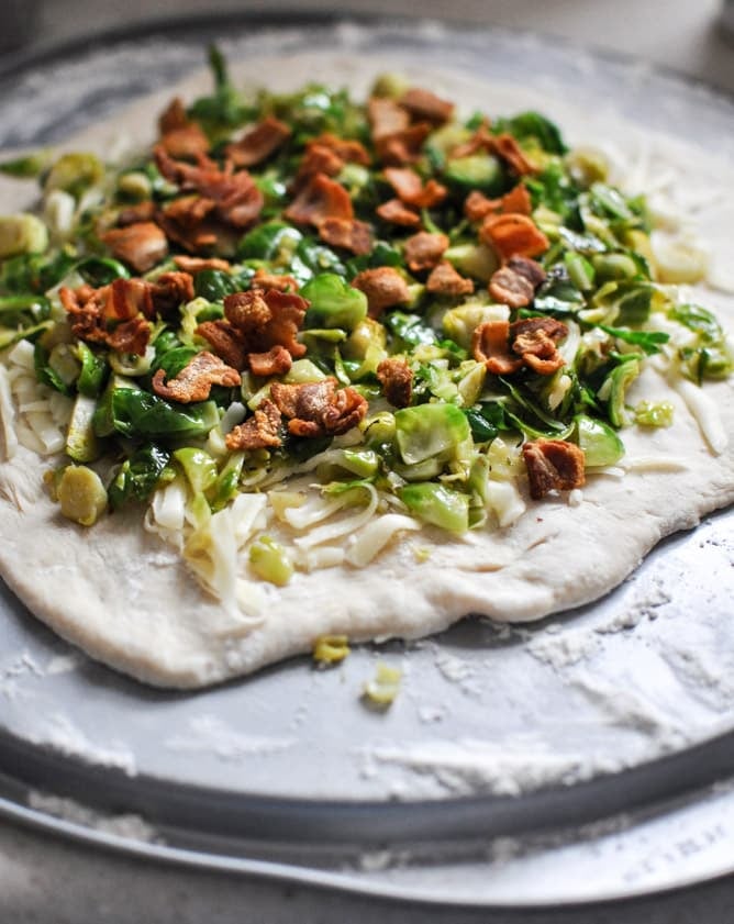 Cast Iron Skillet Brussels Sprouts Bacon Pizza I howsweeteats.com