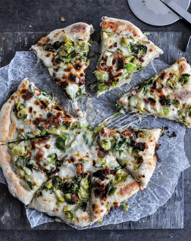 Cast Iron Skillet Brussels Sprouts Bacon Pizza I howsweeteats.com