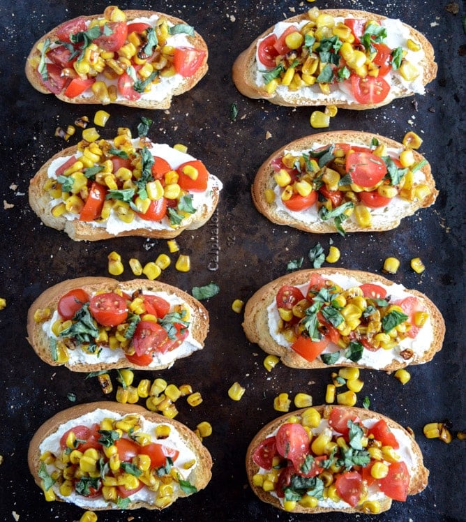 Summer Crostini with Whipped Roasted Garlic Goat Cheese I howsweeteats.com
