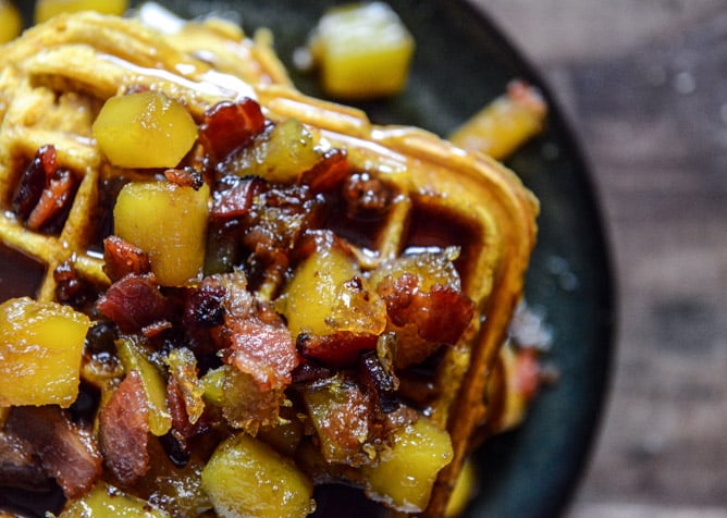 Pumpkin Waffles with Butternut Bacon Syrup I howsweeteats.com