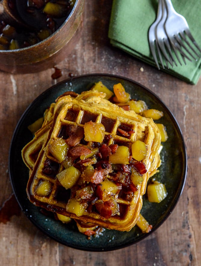 Pumpkin Waffles with Butternut Bacon Syrup I howsweeteats.com