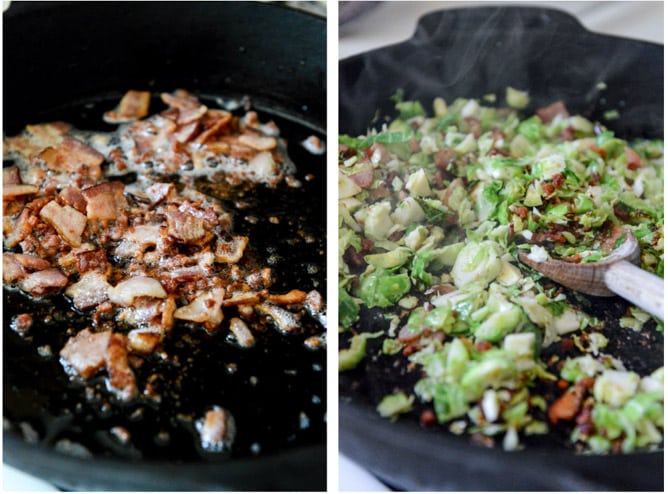 Cheesy Skillet Brussels Bacon Mac I howsweeteats.com