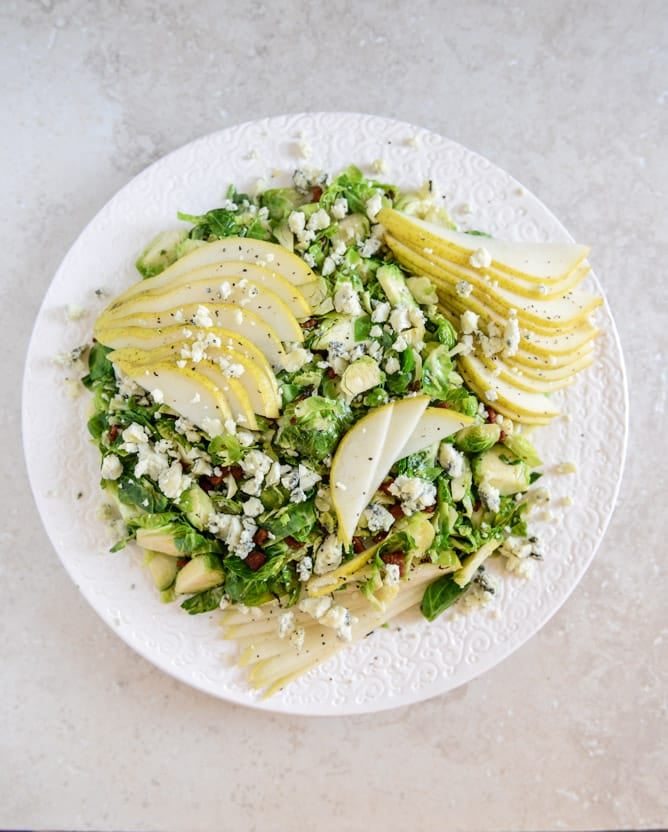 maple bacon brussels, pear and blue cheese salad I howsweeteats.com