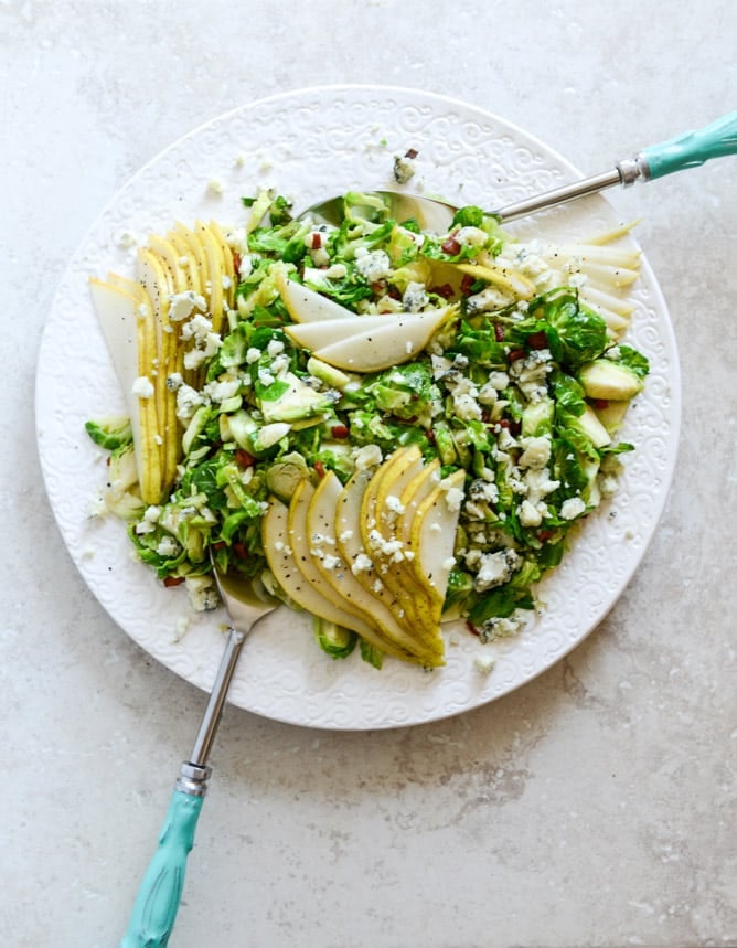 maple bacon brussels, pear and blue cheese salad I howsweeteats.com