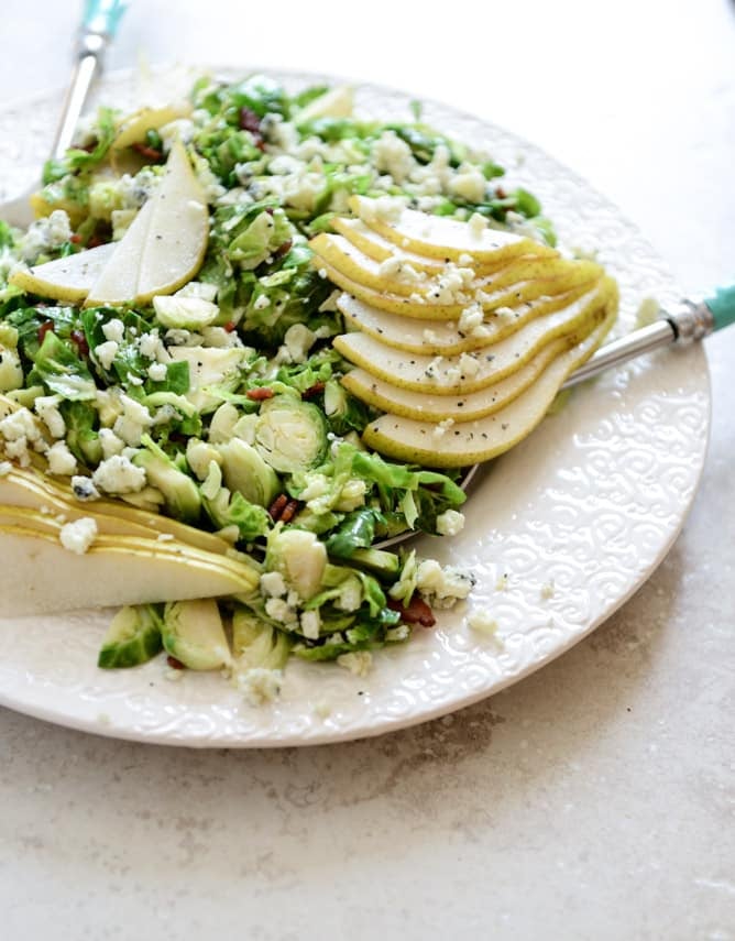maple bacon brussels, pear and blue cheese salad I howsweeteats.com