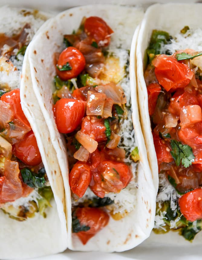 Crispy Brussels Sprouts Tacos with Manchego and Caramelized Shallot Salsa I howsweeteats.com