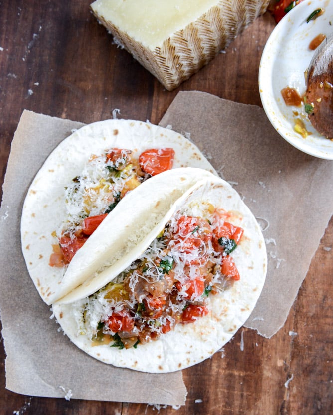 Crispy Brussels Sprouts Tacos with Manchego and Caramelized Shallot Salsa I howsweeteats.com
