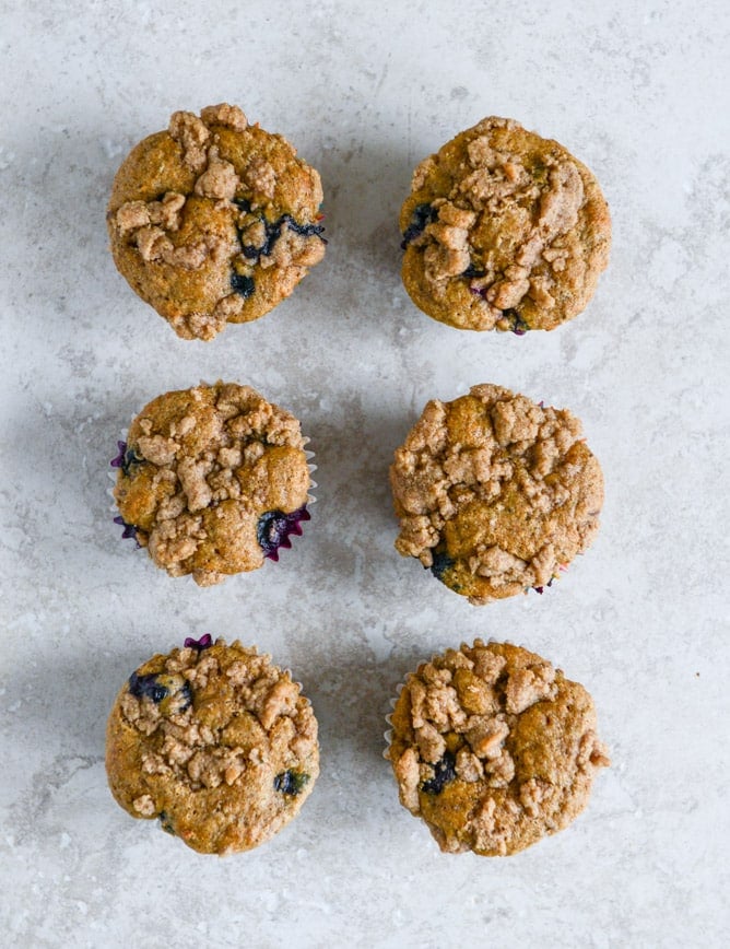 whole wheat blueberry yogurt crumb muffins I howsweeteats.com