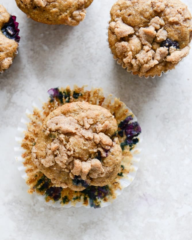 whole wheat blueberry yogurt crumb muffins I howsweeteats.com