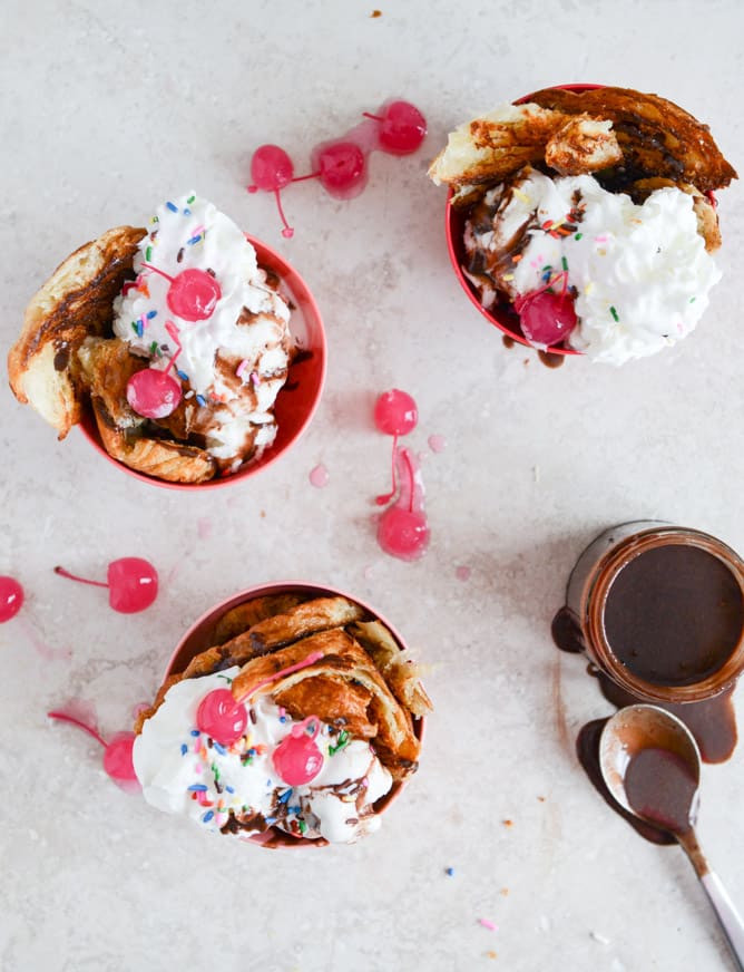 Crispy Croissant Sundaes with Red Wine Hot Fudge I howsweeteats.com