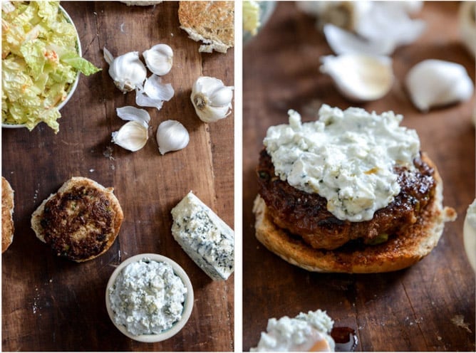 Turkey Burgers with Creamy Gorgonzola and Chili Garlic Slaw I howsweeteats.com