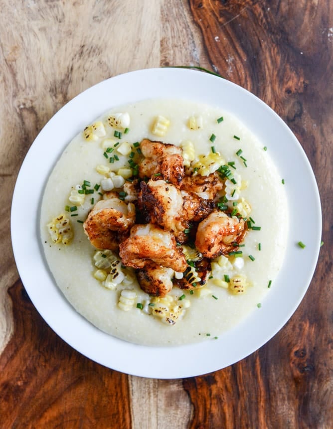 gouda grits with smoky brown butter shrimp I howsweeteats.com
