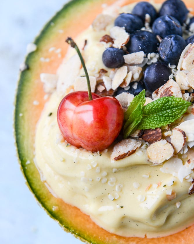 tropical banana rum and mango melon breakfast bowls I howsweeteats.com