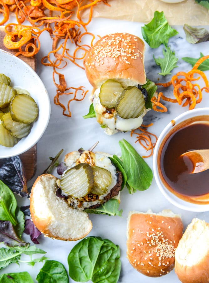 BBQ havarti burgers with sweet potato curly fries I howsweeteats.com