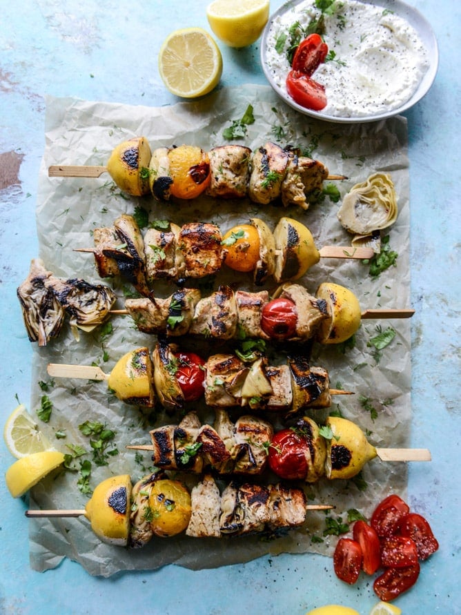 grilled chicken, burst tomato and artichoke skewers I howsweeteats.com