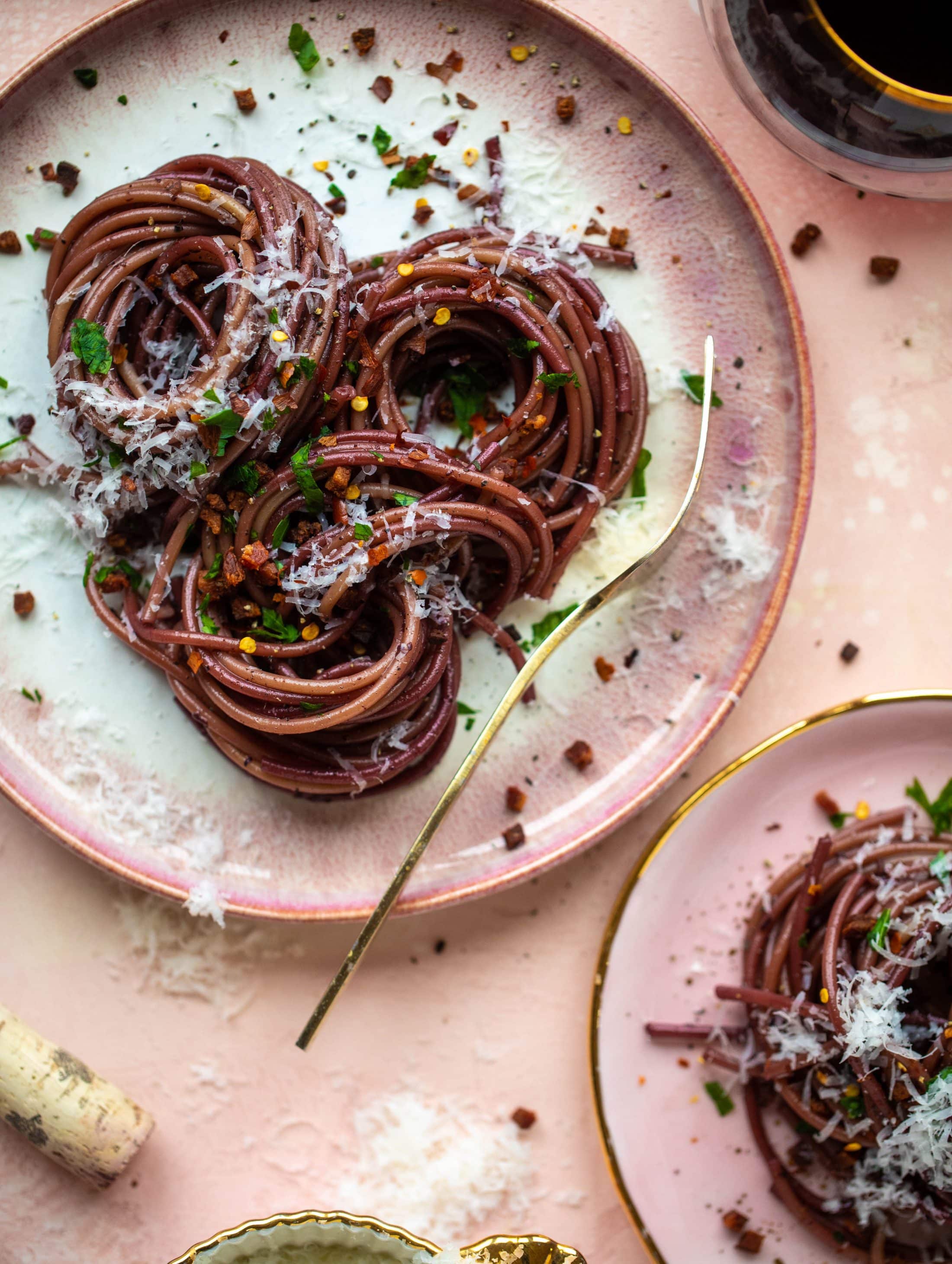 This red wine pasta is an easy, flavorful dinner! Red wine cooked down with garlic and butter until sauce-like. Throw in noodles and you have dinner!
