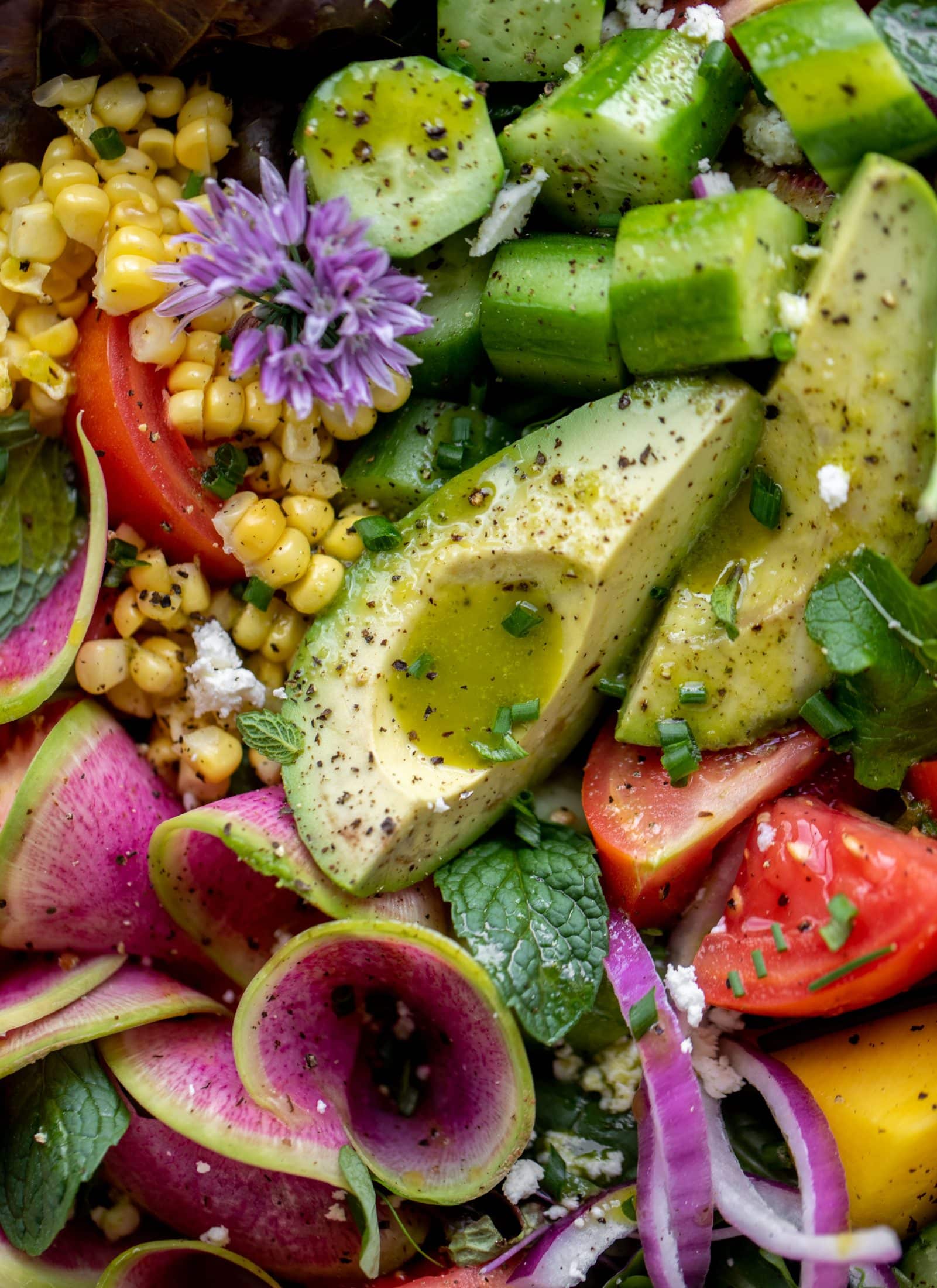 loaded summer house salad, up close avocado
