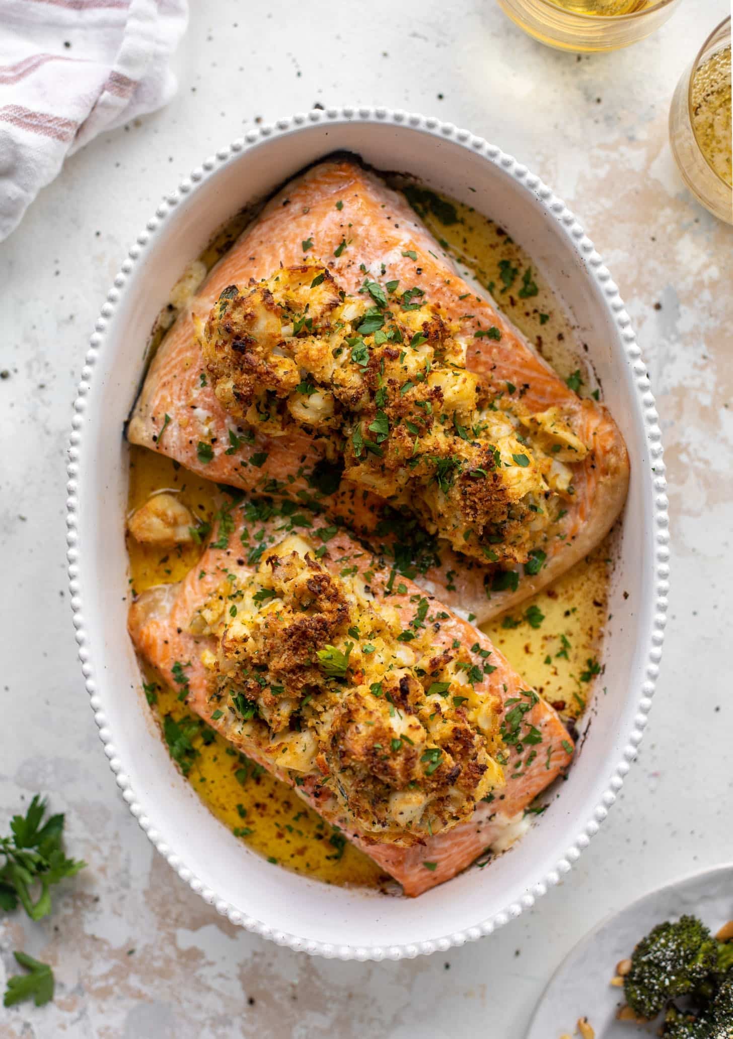 crab topped salmon with parmesan roasted broccoli