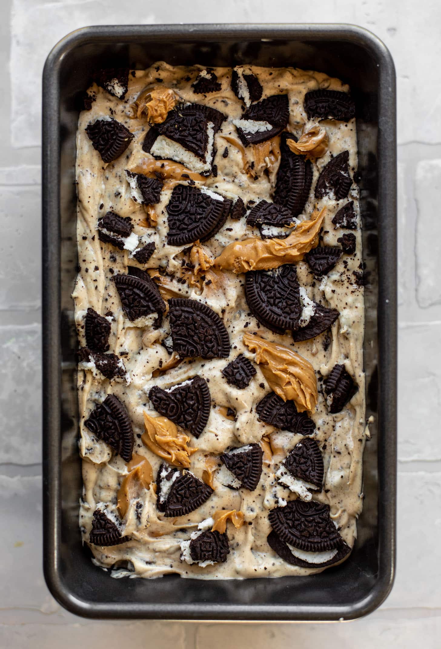 no churn peanut butter oreo ice cream ready for the freezer