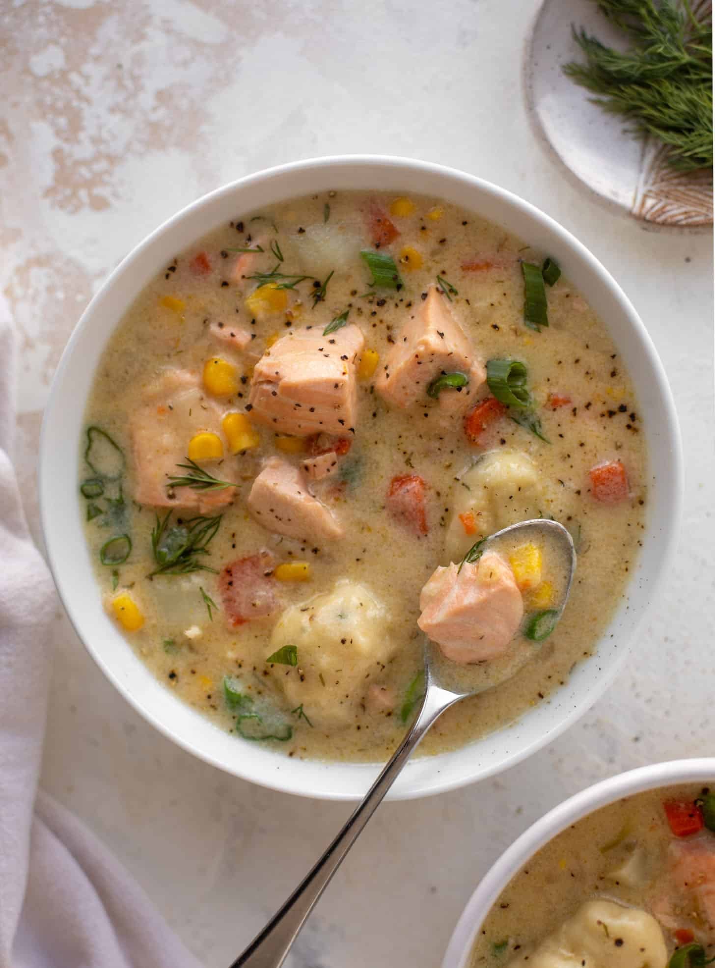 salmon chowder with dill dumplings