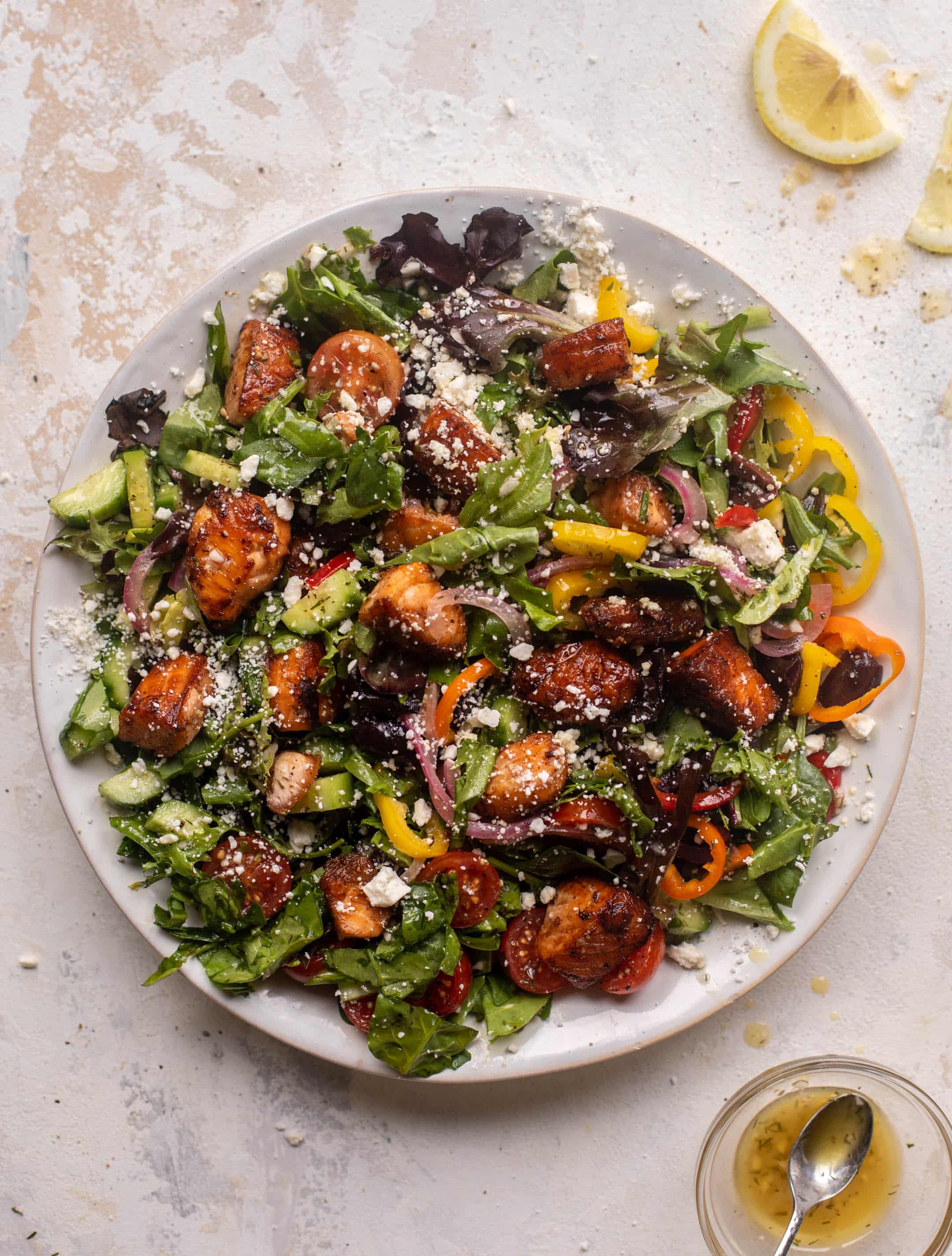 crispy lemon salmon greek salad