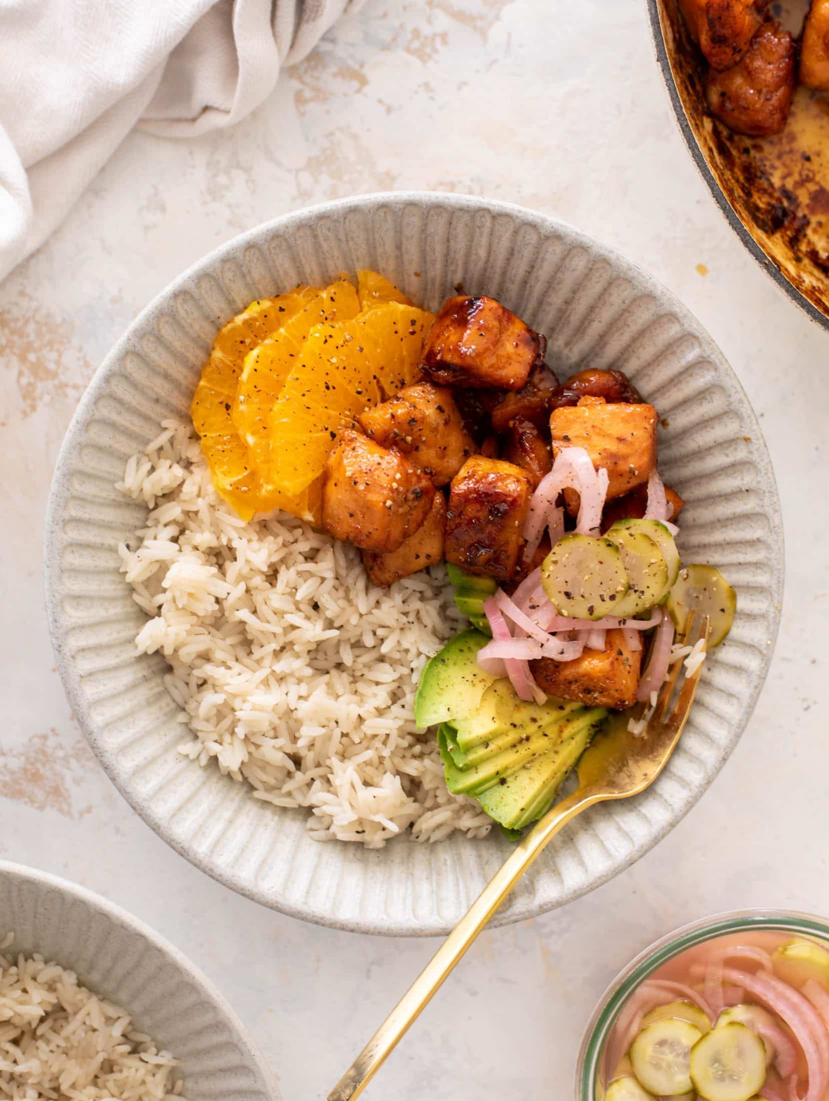 sticky orange salmon bowls